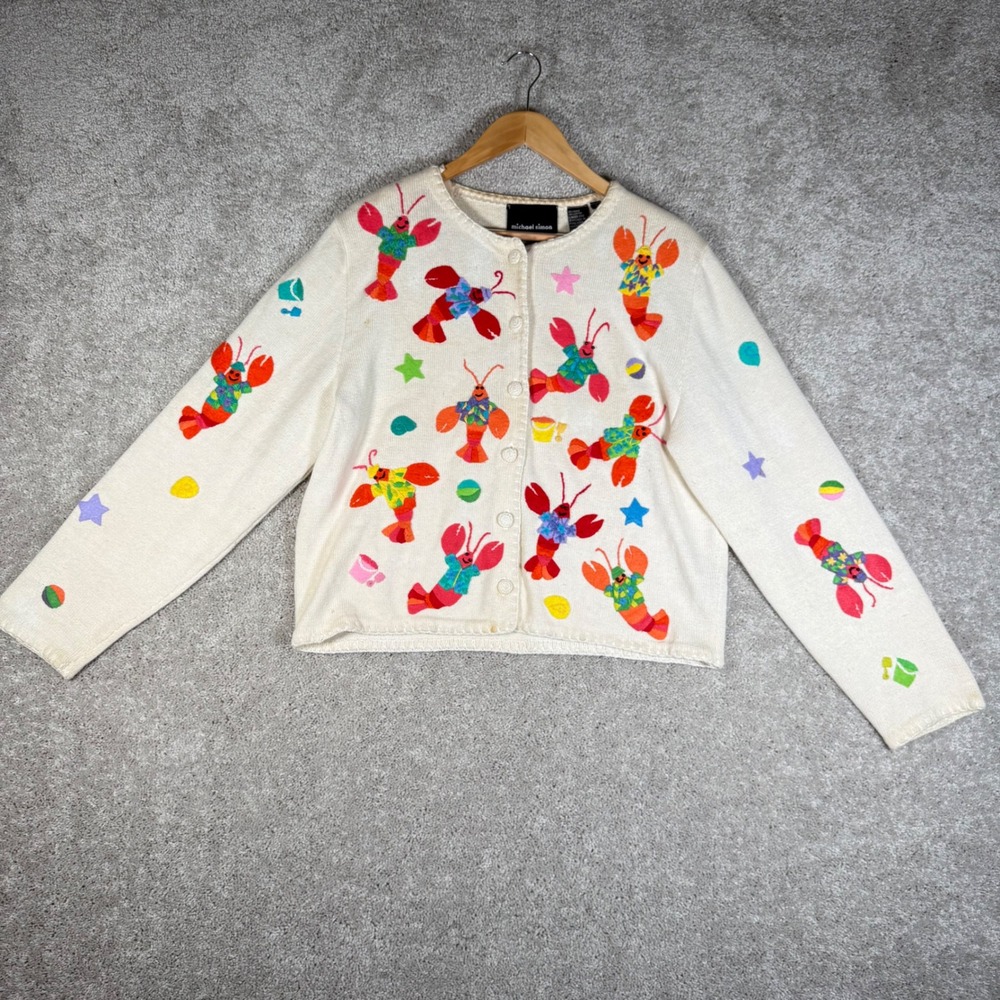 VTG Michael Simon Women's L Lobsters at the Beach Cardigan Sweater Ramie Cotton‎